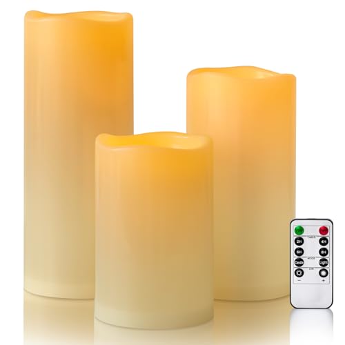 6" 8" 10" x 4" Ivory Large Waterproof Outdoor Flameless Candles Battery Operated LED Flickering Pillar Candles with Remote and Timer for Indoor Outdoor Lanterns, Long Lasting, Set of 3 - color: Ivory