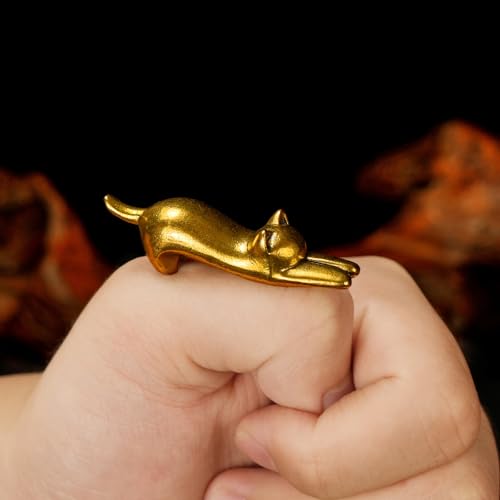 CHOVY 100% Solid Brass Stretching Cat Sculpture - Retro Desktop Decor Collectible Figurine for Office & Home Minimalist Art Deco Curio Vintage Stretching Feline Statue - color: Simple Cat