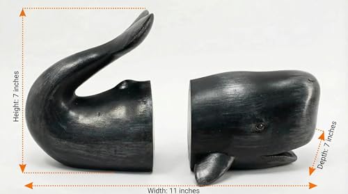 Comfy Hour 10" Black Nautical Whale Figurine Style Bookends, Antique Vintage Ocean Statue Home Decor, Heavy Duty Coastal Book Stoppers Pair, 1 Pair