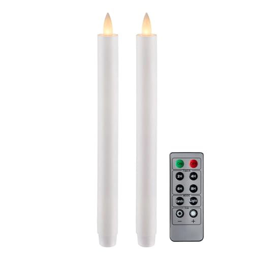 Flameless Taper Candles Flickering with Remote and Timer, 3D Moving Flame Taper Candle Battery Operated to 400 Hours, 9 Inch Window Candles, (White) - color: White
