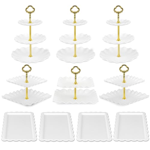 Pack of 10 NWK Cake Stand Set, with 3 x Two-Tier and 3 x Three-Tier Cupcake Stands, 4 x Appetizer Trays, 1 x Tablecloth for Birthday Bridal Baby Shower Party (Gold) - color: Gold