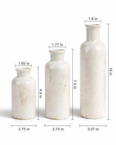 White Ceramic 3 Piece Vase Set, Vintage Farmhouse Decorative Home Decor Vases for Living Room & Kitchen, Distressed Crackle Glaze Flower Vases for Table Bookshelf Mantel & Office - color: White01