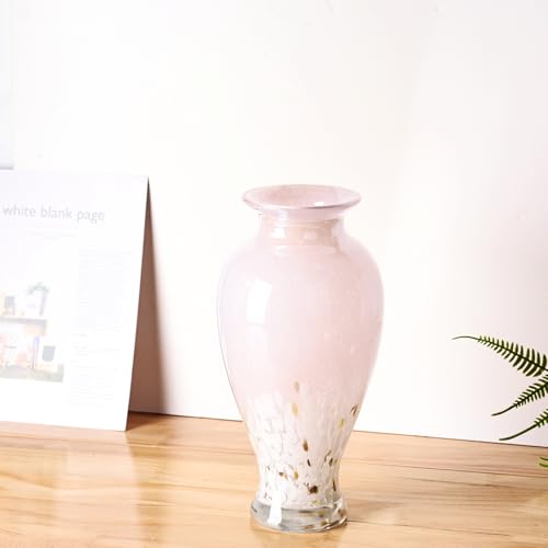 11.8" Tall Pink Glass Vase Beautiful Hand Blown Glass Vase Modern Art Home Decor, Wide Mouth Colorful Vases for Mantle Dining Table Centerpiece, Entryway Living Room Wedding Decoration - color: Pink