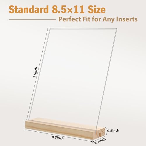 xydstay 6pack 8.5x11 Acrylic Sign Holder with Wood Base for Picture Frames,L/T Shape Double Slot Design for Vertical or Slant Back Display, for Restaurant, Office, School, Store and Home Use - size: 6 pack