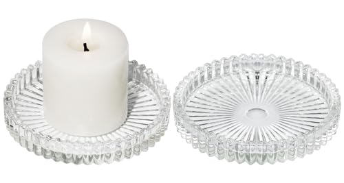 Vixdonos 3.8 Inch Glass Pillar Candle Holder Set Pack 2 Gear Round Plate Serrated Candle Stand for Table Centerpieces,Party, Wedding and Home Decor - color: Clear