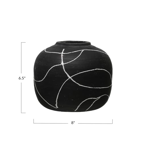 Creative Co-Op Round Decorative Stoneware Vase with Hand-Painted Intersecting Lines, Black and White