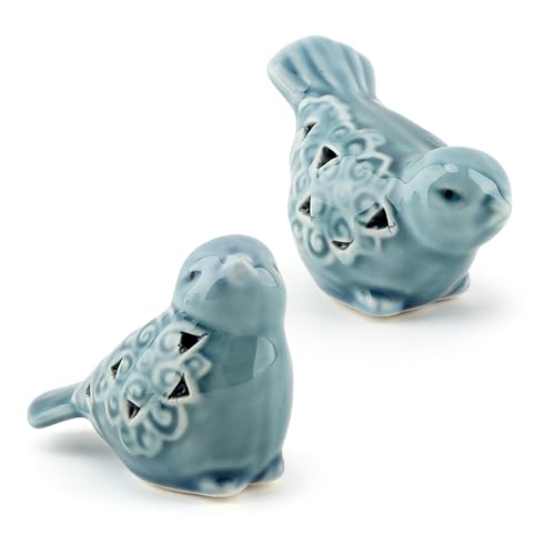 Set of 2 Blue Ceramic Bird Figurines, Glazed Bird Statues with Flower Detail, Farmhouse Modern Home Decor for Shelves, Bookcase, TV Stand, Entryway, Desk