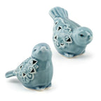 Set of 2 Blue Ceramic Bird Figurines, Glazed Bird Statues with Flower Detail, Farmhouse Modern Home Decor for Shelves, Bookcase, TV Stand, Entryway, Desk