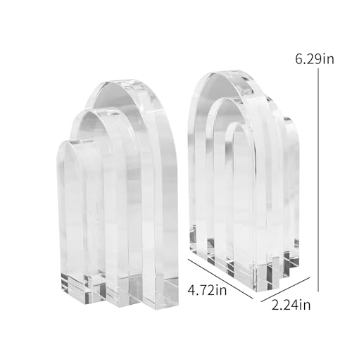 Kitcom Decorative Bookends for Books, Set of 2, Heavy Duty Book Holders Stopper for Shelves, Bookshelf, Bookcase, Office Desk, Home Decor, Aesthetic Layered Arch Design, Clear