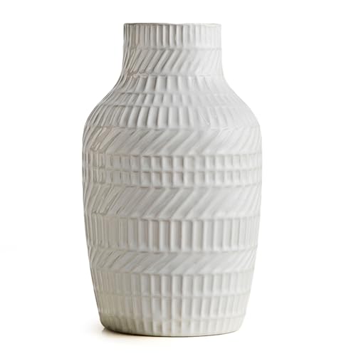 Modern White Ceramic Vase, Boho Flower Vases for Decor, 5.1" W x 8.7" H Modern Vase with Textured Pattern Table Centerpiece for Living Room Office Bedroom (White Vase)