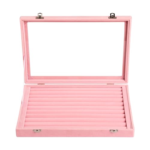 Frebeauty Rings/Earrings Organizer Tray with Clear Lid 10 Slots Velvet Drawer Insert Jewelry Storage box Transparent Glass lid Jewelry Display Case Showcase Gift for Girls Women (Pink, 10 Slots) - color: Pink, size: 10 Slots