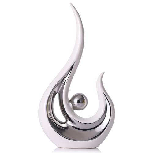 LCCCK White Silver Abstract Figurine Statues for Home Decor – Modern Ceramic Sculpture Accent, Decorative Statues for Living Room, Shelf, TV Stand, Office or Coffee Table Centerpiece Art Decoration - color: White and Silver