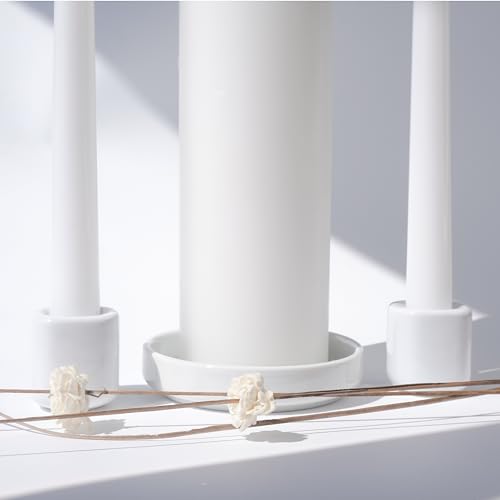 Unity Candle Holders and Vase Set, White Porcelain Candleholders for Taper Candles and Vase for Pillar Candle, Set of 3, Minimalist Round Ceramic Candle Holders, Great for Wedding Candle Set