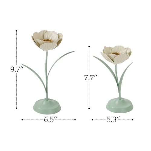 NIKKY HOME Tulip Taper Candle Holders Set of 2, Vintage Elegant Flower Shaped Metal Candlestick for Table Centerpieces, Spring Wedding Decor and Dinner Party, White & Green - color: White Green