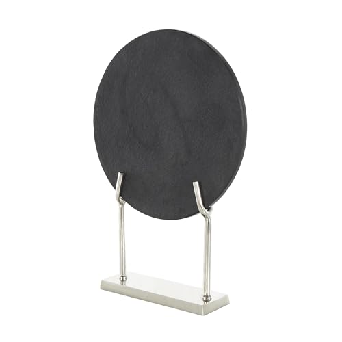Deco 79 Marble Abstract Decorative Sculpture Textured Disk Home Decor Statue with Silver Stand, Accent Figurine 14" x 3" x 20", Black