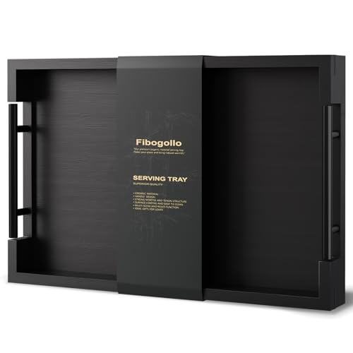 Fibogollo Bamboo Serving Tray with Metal Handles,15x10in Ottoman Decorative Trays Platter for Coffee Table,Living Room,Bar,Party,Medium(Black) - style: Black-Medium
