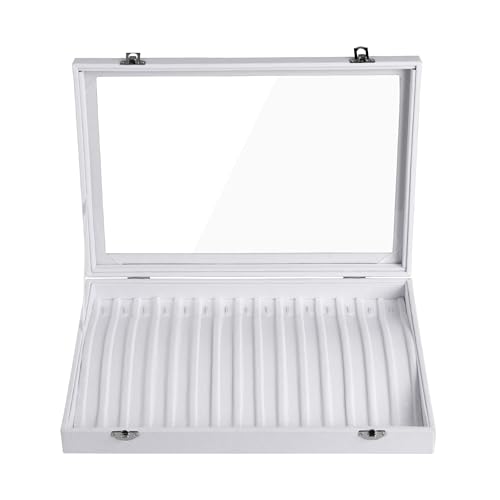 Frebeauty 15 Hooks Necklace Tray,Neckalce Organizer with Clear Lid,Velvet Necklace Holder Box,Jewelry Organizer for Pendants Chains,13.8x9.5x2 inches Necklace Jeweley Tray for Women(White) - color: White
