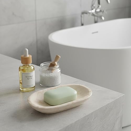Creative Home Natural Champagne Marble Bullet Collection Bar Soap Dish Soap Tray Holder Bathroom Vanity Countertop Organizer, 5.8 x 3.8 x 0.9 H Inch, Beige