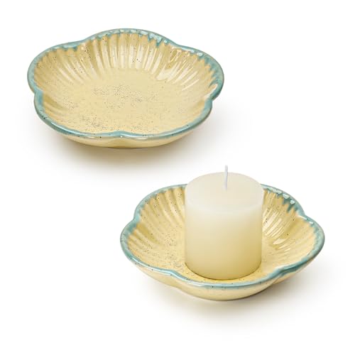 Koythin Ceramic Candlestick Holder for Pillar Candles, Floral Shape Candle Stand & Dish Bowl for Candlesticks, Incense, Decorative Ceramic Plate Tray for Table Centerpiece and Home Decor (Yellow) - color: Yellow