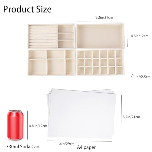 Stackable Jewelry Organizer Trays for Drawer, Set of 4 Velvet Jewelry Drawer Inserts in Dresser, 8in Storage Display Case for Rings Stud Necklaces Accessories(Beige) - color: Beige