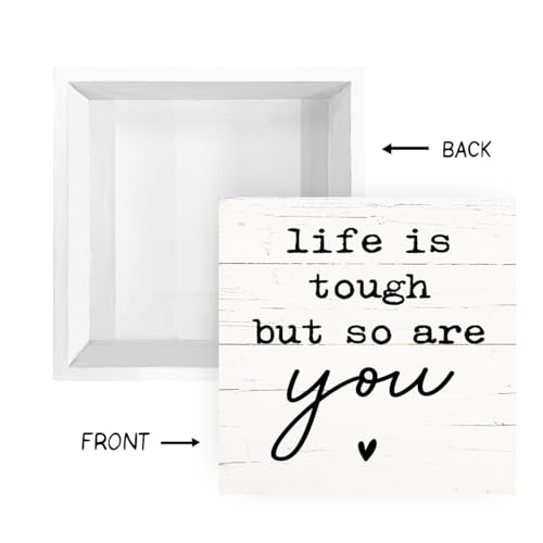 Positive Wood Sign, Inspirational Wooden Box Signs, Funny Office Signs for Tabletop, Modern Decoration for Table Shelf, Motivational Quotes Desk Decor, Life is Tough But So Are You Sign, White - color: White