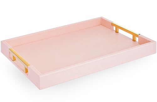 Home Redefined Modern Elegant 17.5"x12" Rectangle Baby Pink Tray Glossy Shagreen Faux Leather Decorative Ottoman Coffee Table Perfume Dresser Kitchen Serving Tray with Gold Polished Metal Handles. - color: Baby Pink & Gold