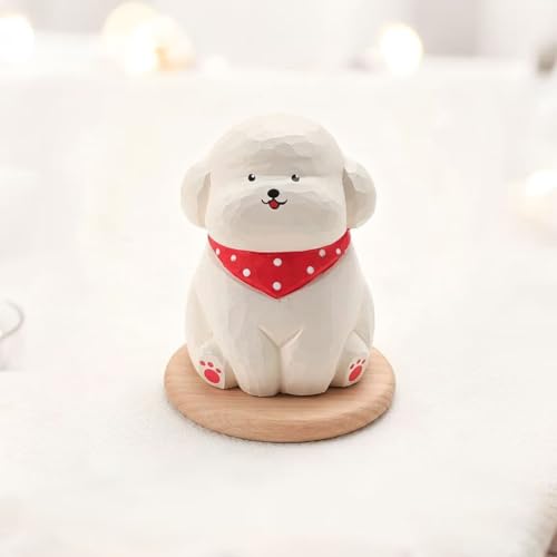 Hand-Carved Wooden White Teddy Dog Figurine, 2.7" White Puppy Statue with Base for Car Dashboard, Desk & Home Decor, Gift for Dog Lovers - color: White Teddy