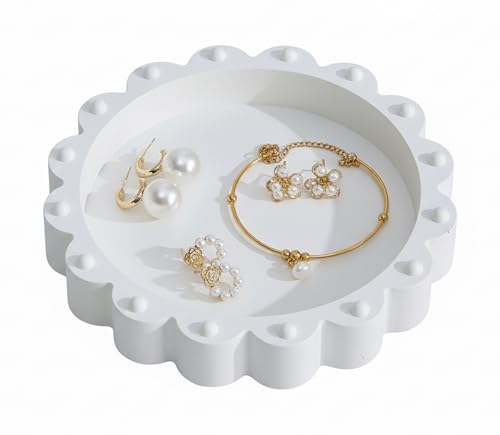 Aotea Crafts - Beaded Scalloped Jewelry Dish Tray Plate - Modern Aesthetic Ring Dish - Concrete Handcrafted Trinket Tray - Smooth Texture - Ivory White - 6.3 inch