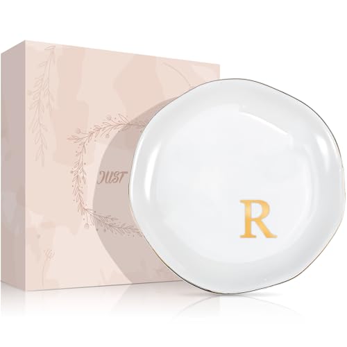 ProCase Ceramic Jewelry Tray, Initial Ring Dish Trinket Plate Engagement Gift, Small Personalized Monogram Ring Bowl for Wedding, White Decorative Jewelry Holder for Women Vanity -Letter R - style: R