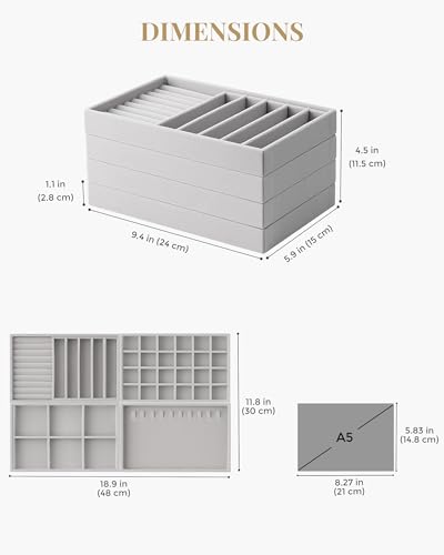 Lolalet Jewelry Drawer Organizer Inserts, Stackable Velvet Tray Jewelry Storage Organizers Set Display Cases for Necklaces Bracelets Earrings Rings Chains Bangles Watches, Mothers Day Gift - color: Grey, size: A5 Size, 4 Packs