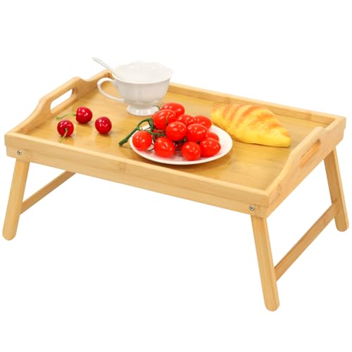 Bamboo Bed Tray Table, Folding Legs and Handles, Breakfast Tray, Laptop Desk for Bed or Sofa, Serving Tray for Eating, Working, Reading,Picnic - color: Bamboo, size: 18.1" x 11.2" x 7.7"