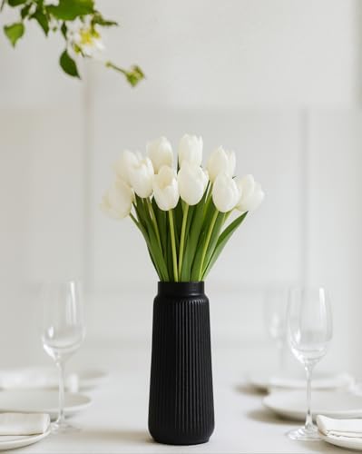 Black Ceramic Vase, 8 Inch Conical Flower Vase for Pampas Grass, Modern Minimalist Ribbed Decorative Vase for Living Room Table, Shelf Decor - color: Matte Black03