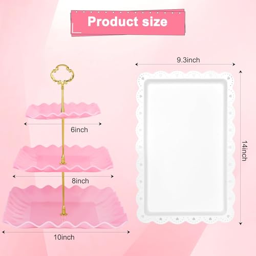 5 Pcs Dessert Display Stands, 2pcs Dessert Stands 3 Pcs Tray, Pink Dessert Display Stands, Treat Table Displays Set for Wedding Baby Shower Tea Party, Ease of Cleaning and Assembly - color: Pink