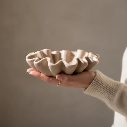 6" Small Handmade Decorative Bowl decor , Handicraft Scalloped Bowls for Modern Home Decor,Ruffle Decor,Key Bowl for Entry Table,Decorative Fruit Bowl for Kitchen Counter,Artificial Stone Beige - color: Beige, size: 6.1inch