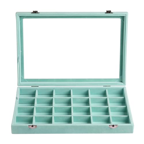 Frebeauty Velvet Jewelry Tray,24 Grid Jewelry Organizer with Clear Lid,Earring Holder Organizer with Clasp,Drawer Insert Rings Pendants Brooches,13.8 x 9.5 x 2 Inches,Gift for Women Girls(Turquoise) - color: Turquoise, size: 24 Grid