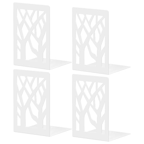 White Bookends 4 Pieces, Tree Design Modern Metal Bookends for Shelves, Unique Tree Book Ends Decorative Book Organizer for Desk, Decorative Shelve Book Stopper for Home Office - color: White 4 Pieces