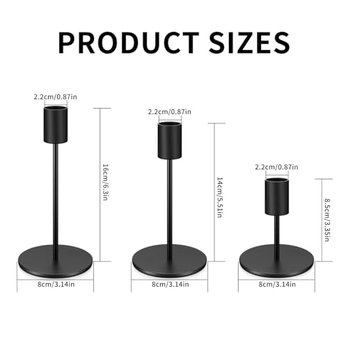 3 Pcs Black Taper Candle Holders, Black Candlestick Holderss, Candle Sticks Holder Decor for Mantel Centerpiece Fireplace Wedding Dinning Party Home Cabinet Table Decor(3 Heights)
