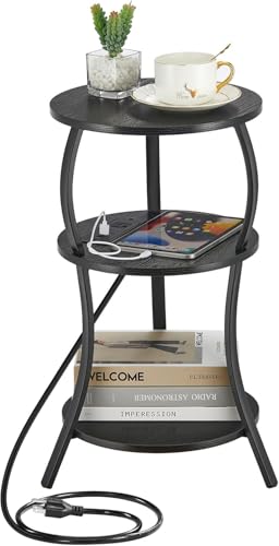 Small Round Side Table with Charging Station, 3-Tier Waist Circular End Table with Storage Shelf, Compact Tea Sofa Side Table Small Spaces, Round Corner Coffee Table for Living Room Bedroon,Black - color: Black, style: USB Charger