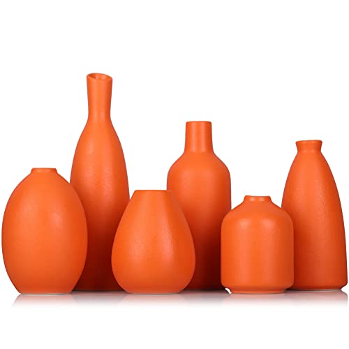 Orange Ceramic Bud Vases Set of 6, Farmhouse Decor, Fireplace Decor, Mantle & Shelf Decor, Home Decoration for Living Room, Entrance, Bathroom, Kitchen & Office, Coffee Table Decor, Bud vases in Bulk - color: Orange Set