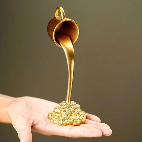 Floating Coffee Cup Mug Sculpture Pouring Spilling Coin Figurine Bedroom Gift Desk Figure Resin Statue for Cabinet Bookshelf, Golden
