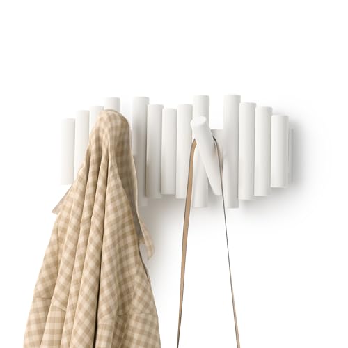 Umbra Picket Wall-Mounted Coat Rack Rail Hook with 5 Retractable Wood Pegs – Modern, Space-Saving Storage Organizer, White - color: White, size: 5-Hook