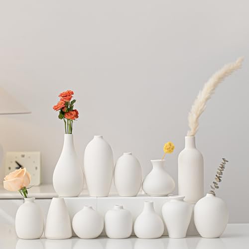 White Ceramic Vase Set of 12, Small Vases for Flowers Ceramic Vases for Pampas Grass Vase Bulk for Wedding Table Centerpieces Decoration Boho Christmas Home Decor DIY Gift - color: White-gh-12