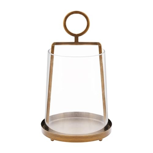 9" Wide Modern Farmhouse Metal Hurricane Candle Holder with Handmade Sturdy Glass Sleeve in Vintage Brass for Pillar Candle & Plants, Glass Hurricane Lantern, Industrial, Minimalistic - color: Brass, size: 9"x14"