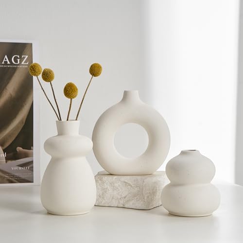 White Ceramic Vase Set of 3 Small Flower Vases for Home Decor, Modern BohoVase for Pampas Grass, Round Decorative Vases Table Centerpieces for Wedding Living Room Shelf Coffee Table (White Vase - A) - color: White Vase - a