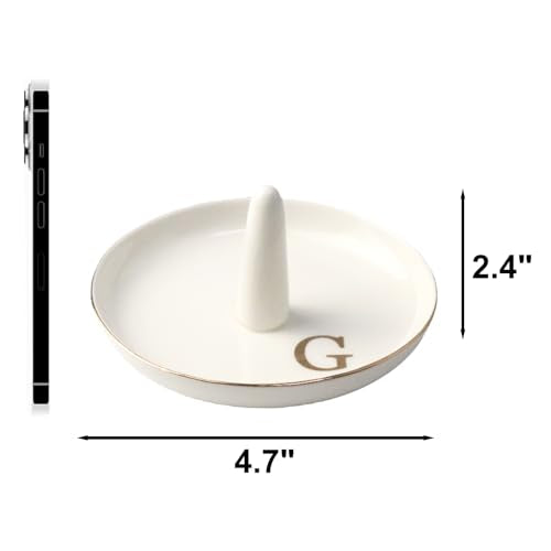 Ceramic Initials Jewelry Tray Ring Dish With Personalized G-Monogrammed Engagement Wedding Gifts, for Birthday Mother's Day for Women, Ceramic White 4.7" x2.4" - style: G