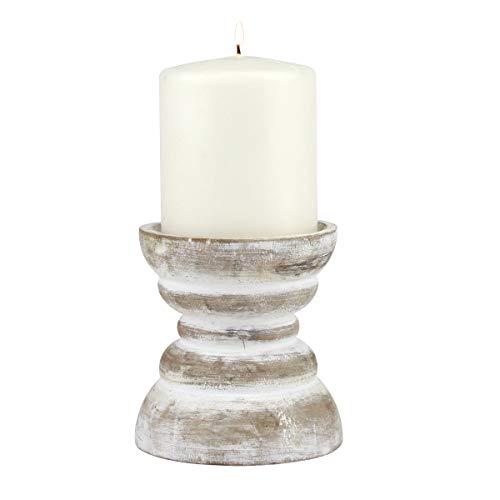 Stonebriar Antique White Wooden Pillar Candle Holder, Vintage Seaside Pillar Stand for Dining Table Centerpiece, Coffee Table, Mantel, Or Any Table Top, Small - color: Off White, size: 4 inches