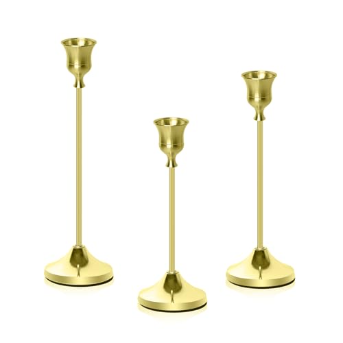 Brass Gold Candlestick Holders Metal Taper Candle Holders Set of 3 Rustic Stands for Dining Table, Wedding Centerpiece Decor, Birthday - color: Brass Gold