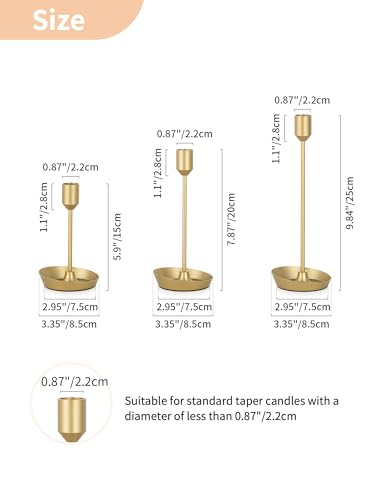 NUPTIO Taper Candle Holders for Centerpiece: 3 Pcs Matte Gold Candlestick Holder for Wedding - Brass Tall Candle Stick Holder for Christmas Party Dinner Table Fireplace Decor - color: Gold, size: 3 pcs