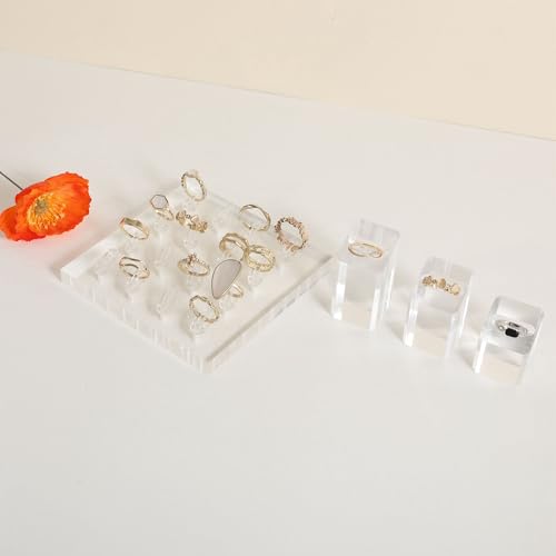 GemeShou Transparent Ring storage tray with 12 clips, Acrylic Jewelry ring display stand for selling, Clear Ring Jewelry holder for show【Acrylic ring tray with 16 clips】
