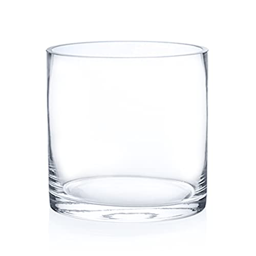 Enova Floral Clear Glass Cylinder Vase 6 x 6 Inches Round Flower Vase, Pillar Candle Hurricane Floating Candle Holder Vase, Small Floral Glass Vase for Decoration Home, Wedding Centerpiece (1 Piece) - size: 6W x 6H